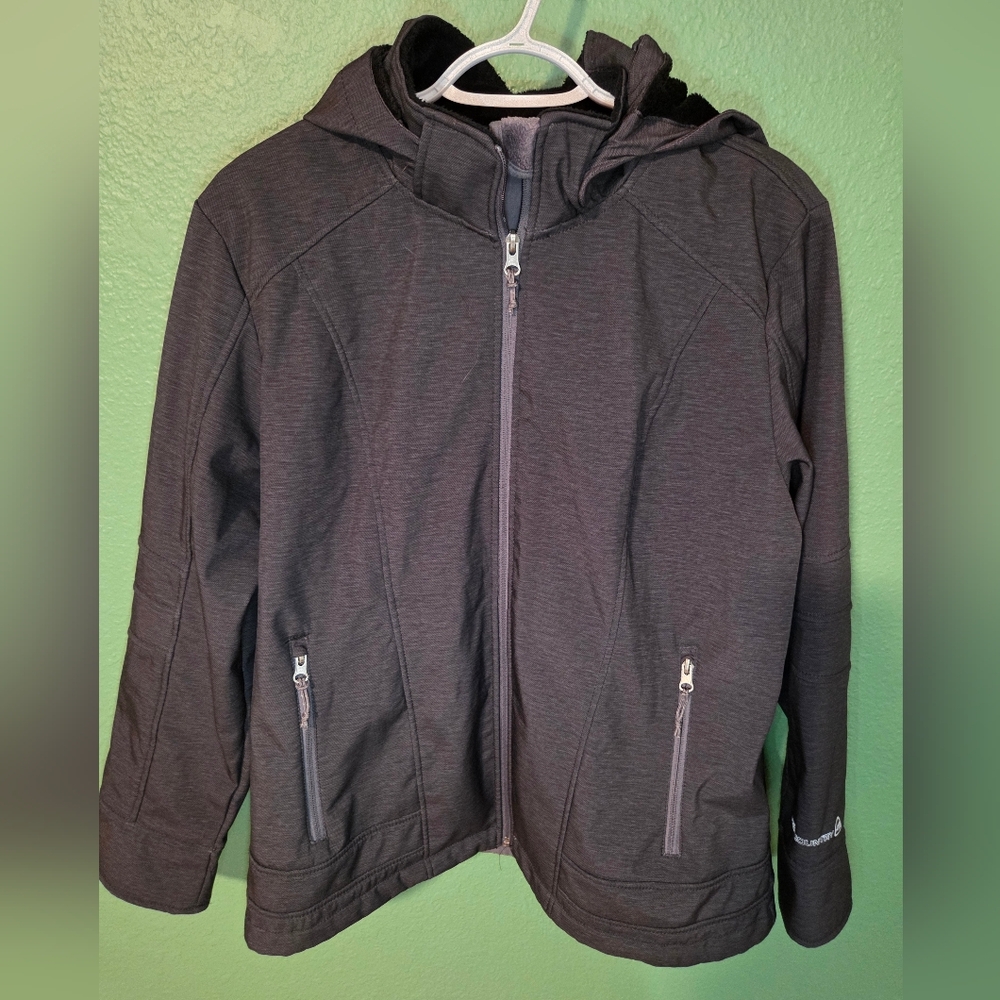 Free Country Gray Softshell Hooded Jacket Womens XL Fleece Lined Full Zip
